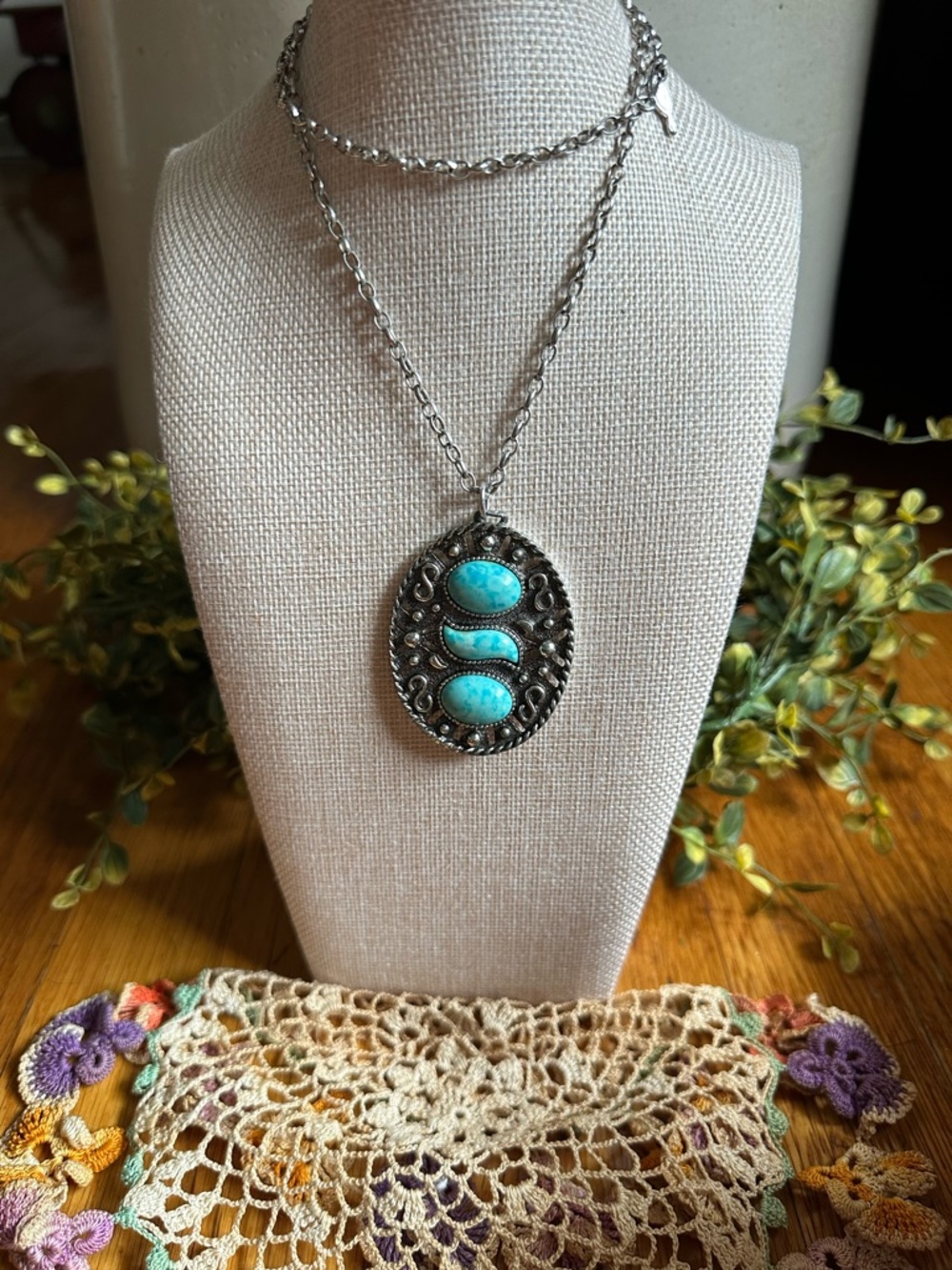 1970s Turquoise Sarah Coventry Silver-Tone Pendant Necklace